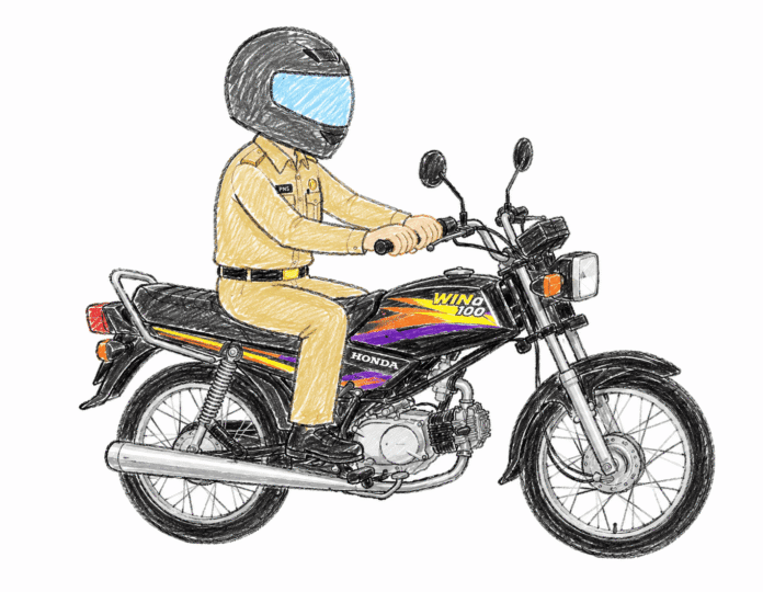 Ilustrasi motor Honda Win 100 yang sedang dinaiki oleh Pegawai Negeri Sipil.